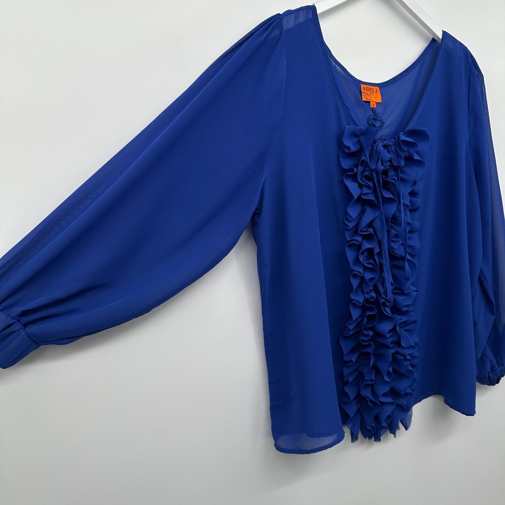 Abby Z Top Shirt Blouse Size 2X Sheer Ruffle Embroidered Coquette Elegant Glam - Picture 2 of 14